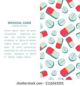 Background with pills and text, hand drawn backdrop vector. Decorative wallpaper, good for printing. Colorful design backdrop with tablet, pharmaceuticals. Place for your text here