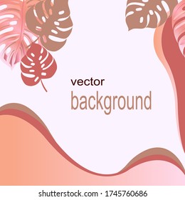 background from pinc stylized huge leaves of Monstera deliciosa isolated on a white background, watercolor handmade. Botanical illustrations for printed card, paper, cover.