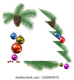 Сhristmas background with pine branches and decorations on white