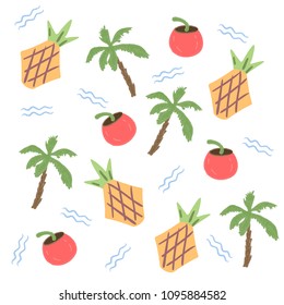 Background with pineapple, drinks and palm trees. 
