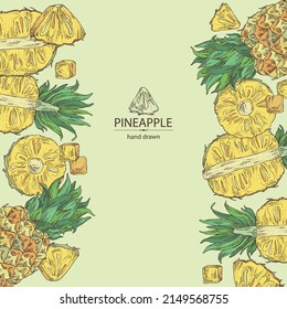 Background with pineapple: pineapple fruit, leaves and pineapple slice. Ananas comosus. Hand drawn vector illustration