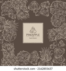 Background with pineapple: pineapple fruit, leaves and pineapple slice. Ananas comosus. Hand drawn vector illustration