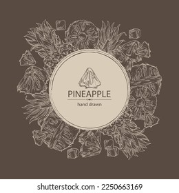 Background with pineapple: pineapple fruit, leaves and pineapple slice. Ananas comosus. Hand drawn vector illustration