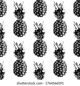 Ananas im Hintergrund Nahtloses Muster. Ananas handgezeichnet. Ananas von Silhouette im Doodle-Stil. Tropisches Design für Sommerabdrücke. Rahmenananas. Früchte zeichnen. Hawaii exotisches Motiv. Vektorgrafik