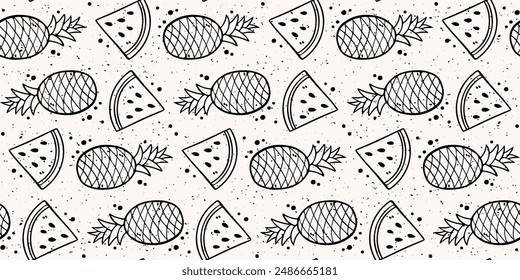Background of pineapples and watermelons. Black and white background of juicy fruits.