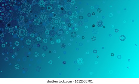 Background with pinions, blue. Flat isometric shape. Fundamental illustration of mechanics. Vector