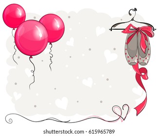 Background with pink balloons and beautiful baby shoes