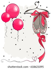 Background with pink balloons and beautiful baby shoes. Shoes with pink bow.