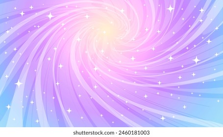 Background of pink and blue shining swirl of magic, sky and stars. Vector image for holiday decoration, fairy tale, adventure, concert, children's celebration, birthday.