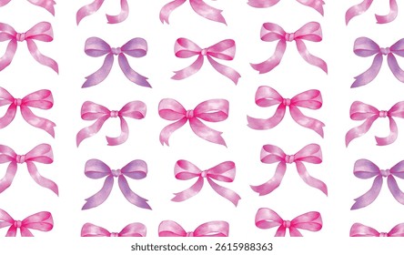 Background of pink bows of a coquette. White background with pink bows of satin ribbons in random order. Coquette aesthetics, vintage background of the 70s, 80s. Pink ribbon on a light background.
