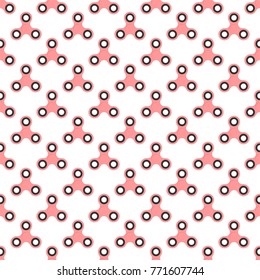 Background from pink children fidget spinners on white background. Playing backdrop of hand twisting toys with bearings in a row next to each other and alternately under him 