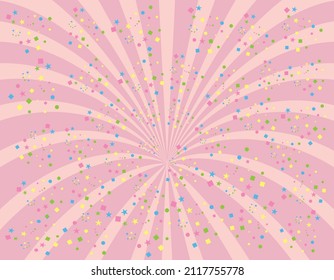Background of pink concentrated lines with confetti