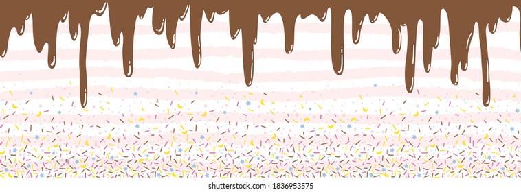 Background with pink donut glaze. Many decorative sprinkles. Easy to change colors. Pattern design for banner, poster, flyer, card, postcard, cover, brochure. Vector illustration.