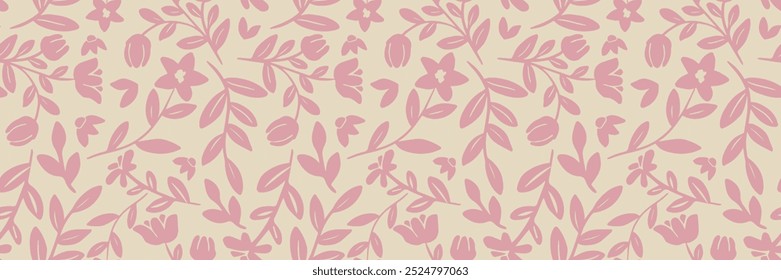 Background with pink flowers and branches, floral seamless pattern