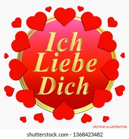 Background with pink flowers. I love you in german language. Card for celebrations. Bright backdrop with flowers.