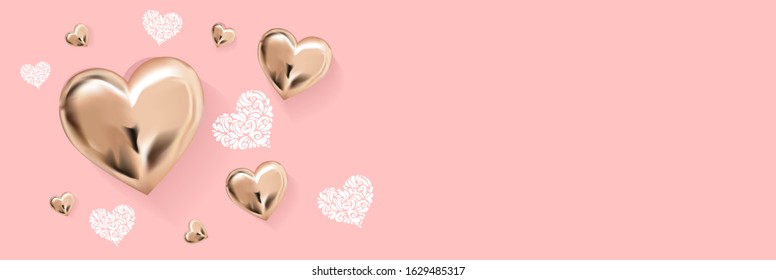 Background is pink. Gold metal heart. Valentine's Day. Place for text. Horizontal banner or header for the site. Promotional poster for discounts and promotions. Love.