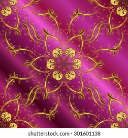 Background with pink gradient and golden grid. Vector illustration.