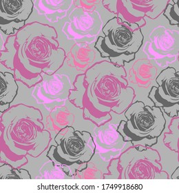 Background of pink and gray roses on light gray. Rose contours, vector. Seamless floral pattern background. The pattern can be applied to fabric, wallpaper or wrapping paper.