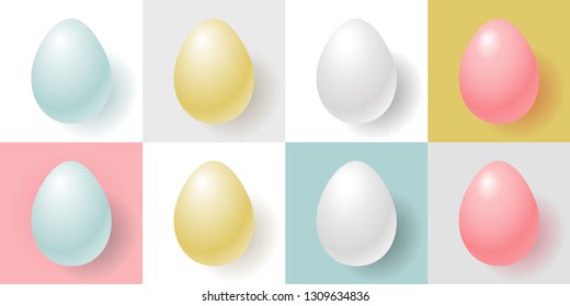 Background with pink, gray, white eggs in pastel colors. Natural painted Easter eggs. Easter concept.