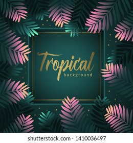 Background of pink and green tropical leaves. Unique design for greeting card or invitation