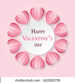 Background with pink hearts arranged in a circle. Place for text. Paper cut design for invitation, advertising. Decoration for Valentine's Day, wedding. Vector