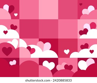 Background with pink hearts and cloud pockets. Place for text for Valentine's Day. Card postcard template. Frame in pink tones.