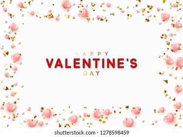 Background with pink hearts and round beads strewn with golden confetti