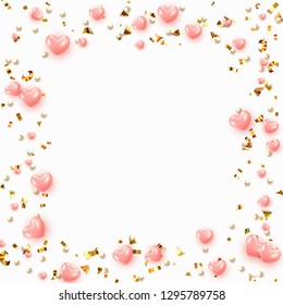 Background with pink hearts and round beads strewn with golden confetti