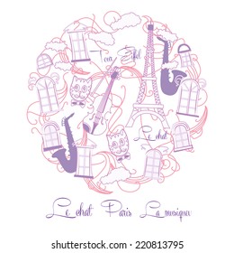 Background with pink music and saxophone. Vector Illustration
