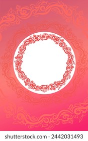 Background, pink and orange gradient frame with circular mandala decoration ornament in the middle without background