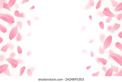 Background with pink petals. Romantic background with realistic pink flower petals. Spring season or wedding invitation. Design for greeting card, poster, flyer and etc. Vector illustration.