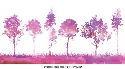 Background pink and purple trees silhouettes. Vector illustration