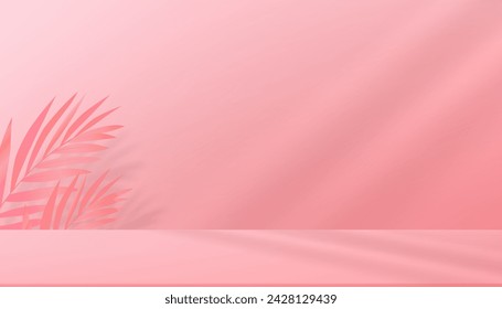 Background Pink Studio with shadow coconut palm leaves on cement wall for Mothers Day Card,Backdrop  Display Room Concept for Cosmetic product presentation,Sale,Online shop, Spring,Summer banner