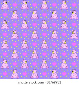 Background with a pink teddy bear, hearts and stars. Vector illustration