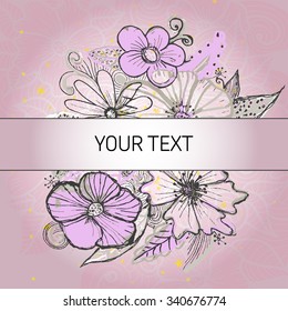 Background with pink vintage flowers and text field. Vector illustration