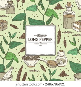 Background with pippali: leaves, pippali fruits and long pepper plant. Piper longum. Oil, soap and bath salt . Cosmetics and medical plant. Vector hand drawn illustration