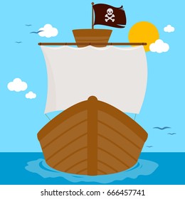 Background with pirate ship sailing at the sea. Vector illustration