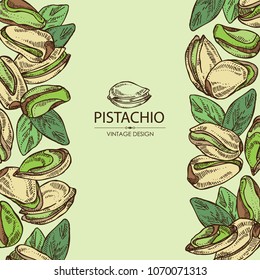 Background with pistachio: nuts and leaves.  Vector hand drawn illustration.