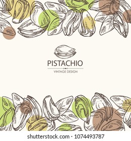 Background with pistachio: nuts and leaves. Vector hand drawn illustration.
