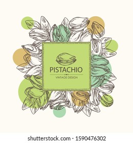 Background with pistachio: nuts and leaves.  Vector hand drawn illustration.
