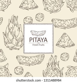 Background with pitaya fruit: fruit and pitaya slice. Dragon fruit. Vector hand drawn illustration.