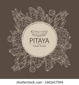 Background with pitaya fruit: fruit and pitaya slice. Dragon fruit. Vector hand drawn illustration.