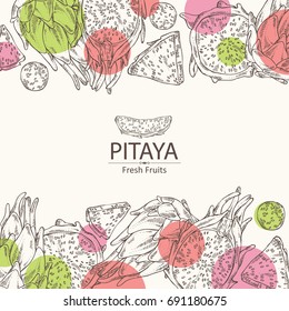 Background with Pitaya fruit: fruit and pitaya slice. Dragon fruit. Vector set hand drawn illustration