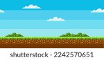 Background pixel art. Game interface design in 2D design, blue sky, white clouds, green grass on the ground. Environment decorations. Vector illustration EPS 10