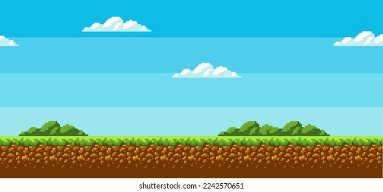 Background pixel art. Game interface design in 2D design, blue sky, white clouds, green grass on the ground. Environment decorations. Vector illustration EPS 10