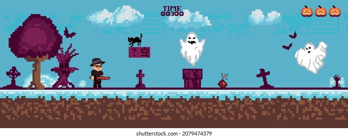 background of pixel game in halloween style. Vector