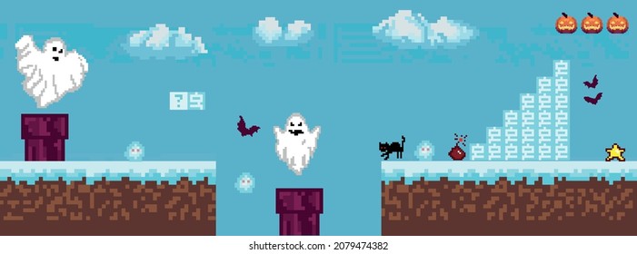 fondo del juego de píxeles al estilo de halloween. Vector