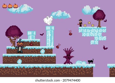 background of pixel game in halloween style. Vector