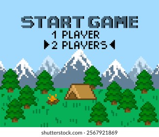 Background for pixel game. Game start. 8-bit Pixel interface. Character selection. Achievements in arcade games. Vector illustration