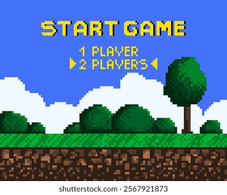 Background for pixel game. Game start. 8-bit Pixel interface. Character selection. Achievements in arcade games. Vector illustration